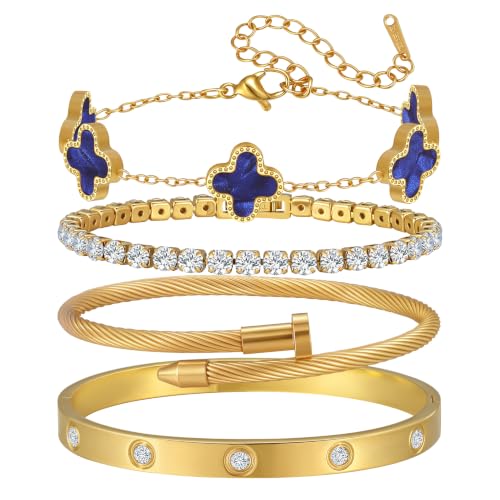 18K Gold Plated Bangle Bracelets Stack for Women,Four Leaf Clover Stackable Bracelets Non Tarnish,4 Pcs Jewelry sets Gifts - color: Dark blue