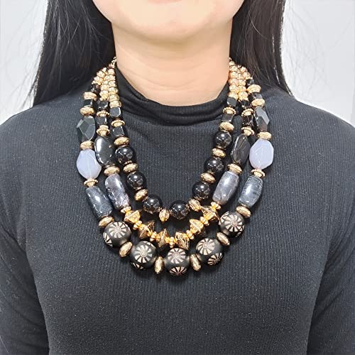 Bocar 3 Layer Chunky Statement Beaded Necklace and Earrings Set, Fashion Multi Layer Women Collar Necklace Jewelry Set - color: Black
