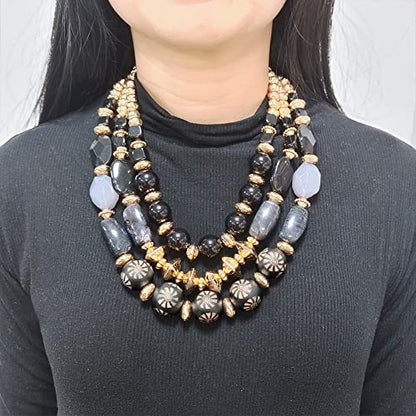 Bocar 3 Layer Chunky Statement Beaded Necklace and Earrings Set, Fashion Multi Layer Women Collar Necklace Jewelry Set - color: Black
