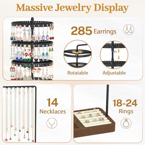 MODOWEY Rotating Earring Holder Organizer Jewelry Stand Adjustable Display | 285 Slots Dangle Tree 14 Hooks Tall Necklace Rack for Women, 5 Tiers Compact Large Capacity Metal Tower with Wooden Ring Tray - color: Black-Brown