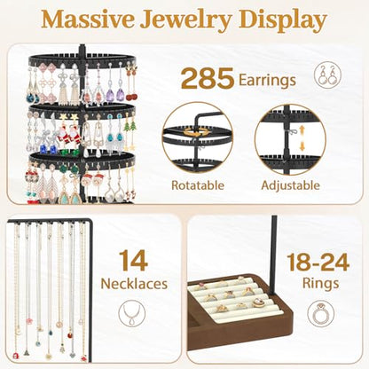 MODOWEY Rotating Earring Holder Organizer Jewelry Stand Adjustable Display | 285 Slots Dangle Tree 14 Hooks Tall Necklace Rack for Women, 5 Tiers Compact Large Capacity Metal Tower with Wooden Ring Tray - color: Black-Brown