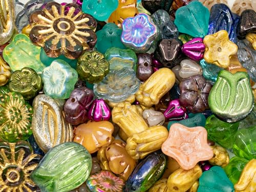 Bohemia Crystal Valley 1.4oz (40g) Summer Mix of Small Czech Glass Flower Beads, Hand Made Set Kit, Bell Flower, Tulip, Bud Beads - color: Flower Beads Mix