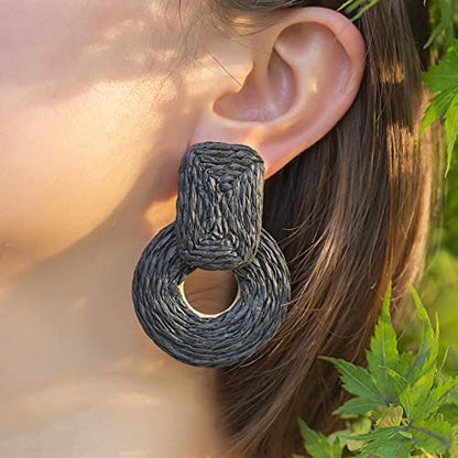 Statement Raffia Earrings Cute Boho Earrings Rattan Dangle Earrings Handmade Straw Wrap Earrings Summer Drop Dangling Earrings for Women Teen Girls - color: Black2