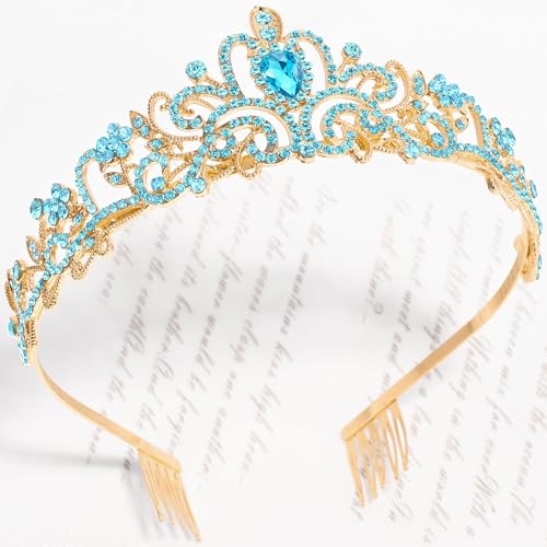 TAROSE Crowns for Women, Queen Crystal Gold Silver Tiaras Goddess Crown | with White Rhinestone and Combs, Wedding Bride Birthday Princess Bridal Shower Hair Accessories for Women - color: 1 G. Gold+Lake Blue