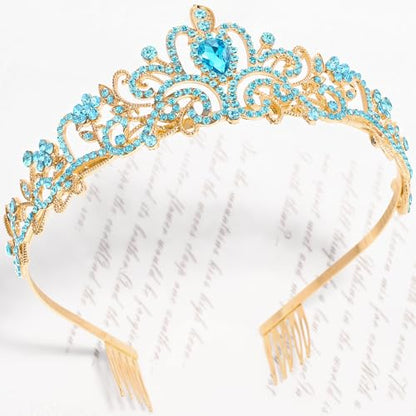 TAROSE Crowns for Women, Queen Crystal Gold Silver Tiaras Goddess Crown | with White Rhinestone and Combs, Wedding Bride Birthday Princess Bridal Shower Hair Accessories for Women - color: 1 G. Gold+Lake Blue