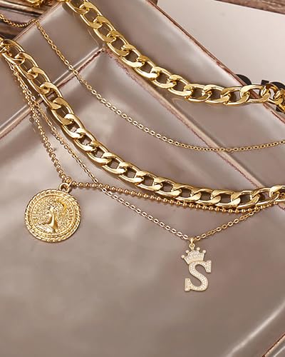 MJartoria Layered Necklaces for Women Trendy Retro Coin Crown Letter Pendant Necklace Dainty Chunky Chain Choker Necklaces for Jewelry Birthday Gifts - style: S
