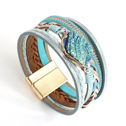 Fesciory Leather Wrap Bracelet for Women, Boho Western Layered Cuff Jewelry | Stackable Bracelets, Easy-On Clasp, Daily Wear, Pairs with Boho Western Outfits, Gift for Women - color: Blue2