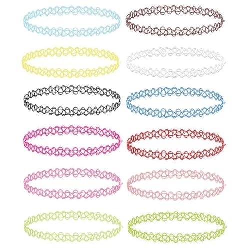 BodyJ4You 12PC Tattoo Choker Necklace - 90s Accessories 2000s Jewelry Y2K Fashion Vintage Trendy - Rainbow Goth Black Pink Green Blue White - Adjustable Stretchy Elastic Necklace Summer Vacation Set - color: Multicolor