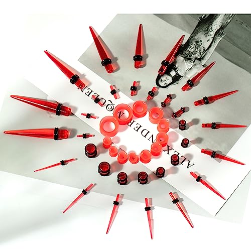 50 Pcs Ear Gauges Stretching Kit 14G-00G | Acrylic Tapers and Plugs Silicone Tunnels, Gauge Expanders Stretching Kit, Piercing Earring Jewelry for Men and Women - color: Red