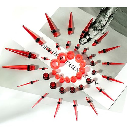50 Pcs Ear Gauges Stretching Kit 14G-00G | Acrylic Tapers and Plugs Silicone Tunnels, Gauge Expanders Stretching Kit, Piercing Earring Jewelry for Men and Women - color: Red