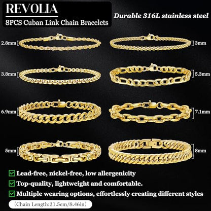 REVOLIA 8Pcs Stainless Steel Chain Bracelets for Men Women Cuban Link Bracelets Paperclip Figaro Rope Chain Bracelets Set 6.8-9 Inches - color: Gold
