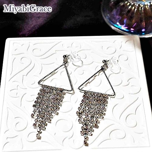 Dangle Silver Invisible Clip On Earrings for Women Not Pierced Gold Crystal Rhinestone Comfortable Hoop Fringe Long Chain Clip On Earrings - color: Fringe Silver 3
