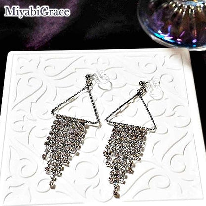Dangle Silver Invisible Clip On Earrings for Women Not Pierced Gold Crystal Rhinestone Comfortable Hoop Fringe Long Chain Clip On Earrings - color: Fringe Silver 3