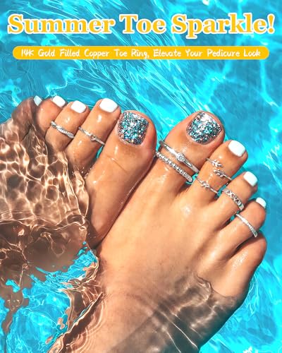 Sanfenly 12 Pcs Toe Rings for Women Non Tarnish Waterproof | 14K Gold Filled Dainty Thin Chunky Open Band Rings, Trendy Silver Plated Adjustable Toe Rings, Summer Beach Foot Jewelry Set - color: Silver Plated