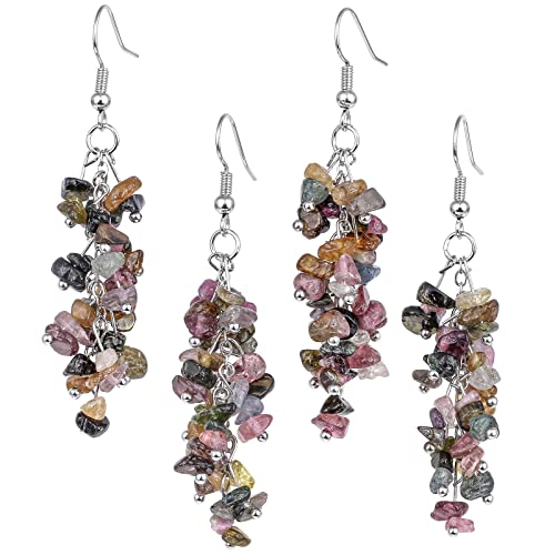 Nupuyai Natural Tumbled Stones Earrings for Women, Reiki Healing Crystal Long Dangle Hook Eardrop - color: #4-Multicolor