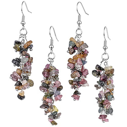Nupuyai Natural Tumbled Stones Earrings for Women, Reiki Healing Crystal Long Dangle Hook Eardrop - color: #4-Multicolor