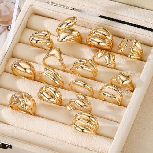 17IF 16 Pcs Chunky Gold Rings Set for Women, 14K Gold Plated | Classic Thick Adjustable Rings, Stackable Midi Finger Womens Stack Ring Pack for Jewelry Gifts - style: Golden-C