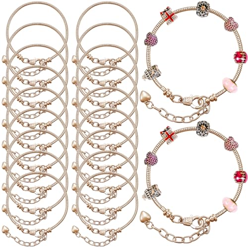 Hicarer 20 Pcs Snake Charm Bracelet Chain Adjustable Bangle Bracelets for Jewelry Making, Gold Silver Stainless Steel Bracelet Chains with Heart Extender for Women DIY Jewelry Making Supplies(Gold) - color: Gold