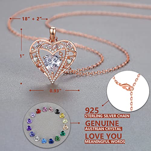 5 Heart I Love You Necklace for Women, Birthstone Crystal Pendant, Birthday Gift for Her, Wife, Mom, Rose Gold or Gunmetal Plated, 925 Sterling Silver Chain 18"+2" - color: 04-April-Diamond Crystal White-Rose Gold Plated
