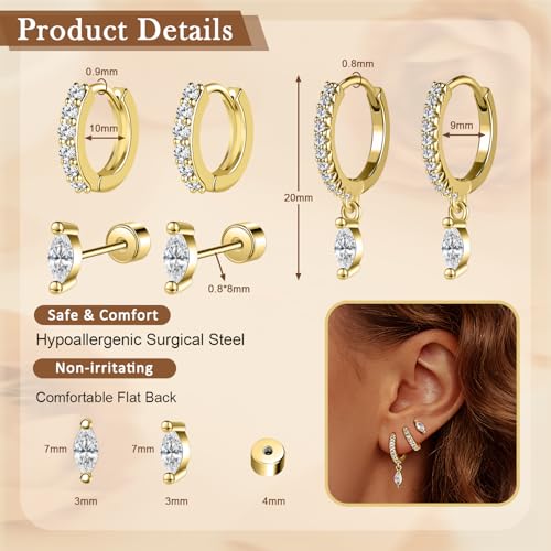 14K Gold Hoop Dangle Stud Earrings Surgical Steel Helix Piercing | Hypoallergenic,Cubic Zirconia,3 Pairs Huggie Hoop Set for Women,Dangle Stud,Cartilage Tragus Conch Earring,Jewelry Gift - color: A1-Gold Marquise Cut CZ