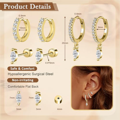 14K Gold Hoop Dangle Stud Earrings Surgical Steel Helix Piercing | Hypoallergenic,Cubic Zirconia,3 Pairs Huggie Hoop Set for Women,Dangle Stud,Cartilage Tragus Conch Earring,Jewelry Gift - color: A1-Gold Marquise Cut CZ