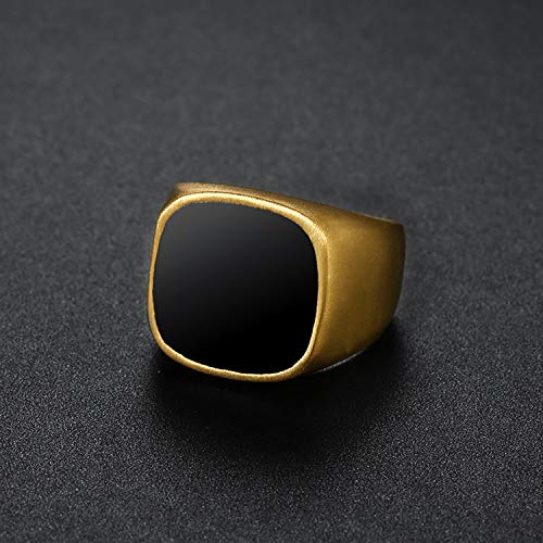 Men's Stainless Steel Square Biker Signet Ring, Black Silver Gold Styles | plain flat top, polished and brushed finish options, chunky profile, pinky or thumb styling, gift-ready for dad or him - color: Gold w/ Enamel Top