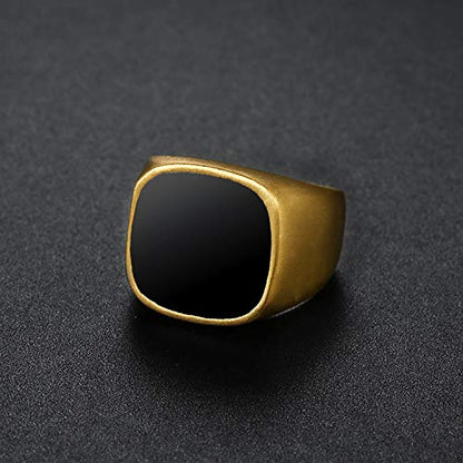Men's Stainless Steel Square Biker Signet Ring, Black Silver Gold Styles | plain flat top, polished and brushed finish options, chunky profile, pinky or thumb styling, gift-ready for dad or him - color: Gold w/ Enamel Top