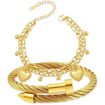2PCS 18K Gold Plated Nail Bangle & Chain Bracelet Set for Women, Adjustable Stackable Bangle Jewelry, Dainty Gold Bracelet Gift for Women - color: Set F