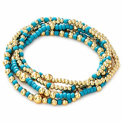 LOTSOF Bohemia Multilayer Beaded Bracelet Set, Turquoise Resin Colorful Surfer Heishi Style Elastic Spring Clasp Friendship Elastic Wristbands Summer Beach Boho Vacation Jewelry - color: Dark Blue