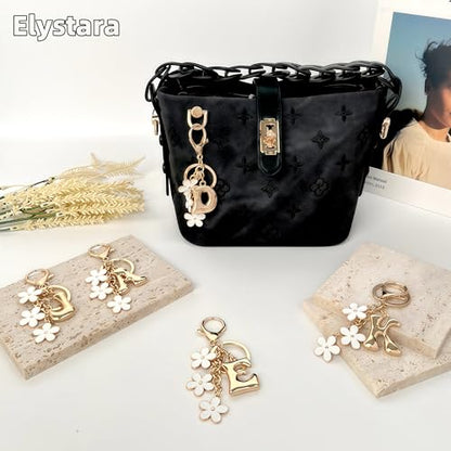Floral Series Initial Bag Charm, Cute Flower & Bubble Letter Purse Charms, Keychain Accessories Gift for Women - color: White Flower, style: D