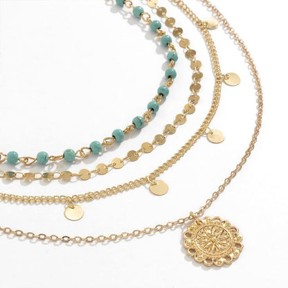 Layered Gold Necklace Set with Coin Pendant Boho Beaded Design Adjustable Chain Jewelry for Everyday Stacking Accessories - color: C