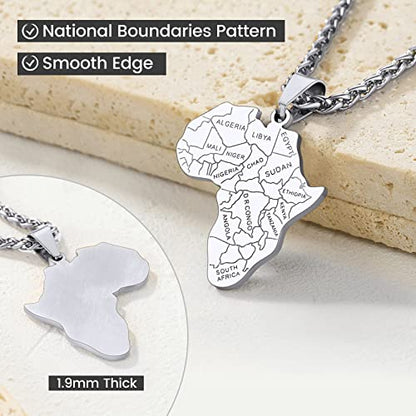 GOLDCHIC JEWELRY Africa Map Necklace for Men, Stainless Steel African Tribal/Egyptian Eye of Horus/I LOVE AFRICA/Elephant Map Hiphop Jewelry Unisex with 22'+2'Adjustable Chain - color: Africa Map - Stainless Steel, style: No Customization