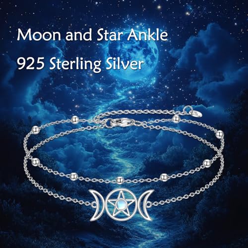 925 Sterling Silver Cat Butterfly Anklets Double Layered Chain for Birthday Women Ankle Bracelet Summer Beach Dainty Jewelry - style: Moon and Star