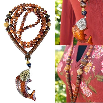 Bohemian Beaded Necklace for Women Long Boho Pendant Wood Mala Beads Wooden Strand Tassel Stone Bohemian Necklaces for Women Jewelry - style: Ethnic Brown Set
