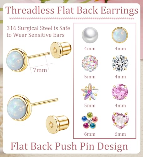 Staligue 8 & 21 Pairs Hypoallergenic Screw Back Earrings for Women – 20G Surgical Steel Flat Back Studs with Heart, CZ, Pearl, Star & Ball Designs | Tiny Cartilage Jewelry Options - color: Gold