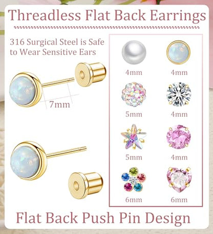 Staligue 8 & 21 Pairs Hypoallergenic Screw Back Earrings for Women – 20G Surgical Steel Flat Back Studs with Heart, CZ, Pearl, Star & Ball Designs | Tiny Cartilage Jewelry Options - color: Gold