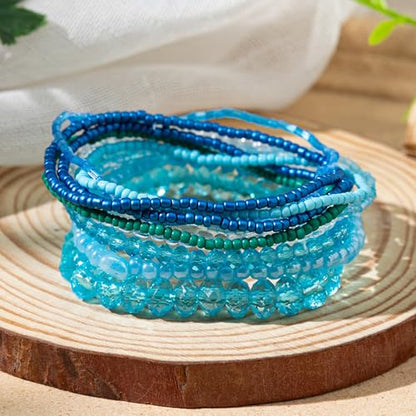 Bohemian Colorful Crystal Glass Beads Seed Beaded Bracelet Handmade Adjustable Stackable Elastic Strand Bangle for Women Summer Beach Hawaii Boho Wristbands Jewelry - color: blue1