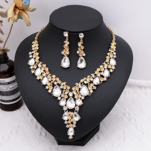 CSY Elegant Crystal Costume Jewelry Sets Flower Bridal Necklace Earrings Stretch Bangle Set for Bride Bridesmaid Wedding Dress Accessories - color: white crystal-gold tone