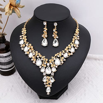CSY Elegant Crystal Costume Jewelry Sets Flower Bridal Necklace Earrings Stretch Bangle Set for Bride Bridesmaid Wedding Dress Accessories - color: white crystal-gold tone