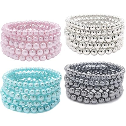 Faux Pearl Beaded Bracelets for Women Ladies Elastic Stretch Bracelet Stackable Jewelry Set Pulsera Para Mujer 5 pcs Size 6-8 MM - color: Red