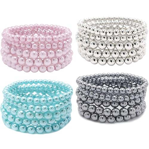 Faux Pearl Beaded Bracelets for Women Ladies Elastic Stretch Bracelet Stackable Jewelry Set Pulsera Para Mujer 5 pcs Size 6-8 MM - color: Grey
