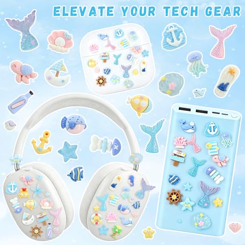 RidaaFri Junk Case Charms Kit, Blue Ocean Beach Themed 3D Flatback Charm | Large Charms with Pearls Sequins Cute Starfish Turtles Mermaids Charms for DIY Craft Accessories Personalization - color: Blue