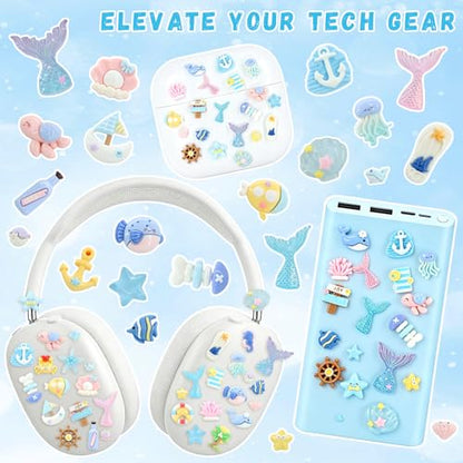RidaaFri Junk Case Charms Kit, Blue Ocean Beach Themed 3D Flatback Charm | Large Charms with Pearls Sequins Cute Starfish Turtles Mermaids Charms for DIY Craft Accessories Personalization - color: Blue
