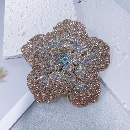 Rhinestone Flower Brooch Pin for Women Men Elegant Sparkly Crystal Camellia Floral Lapel Pins Shawl Dress Suit Clothes Accessories Wedding Party Fashion Jewelry 105mm - color: Champagne AB