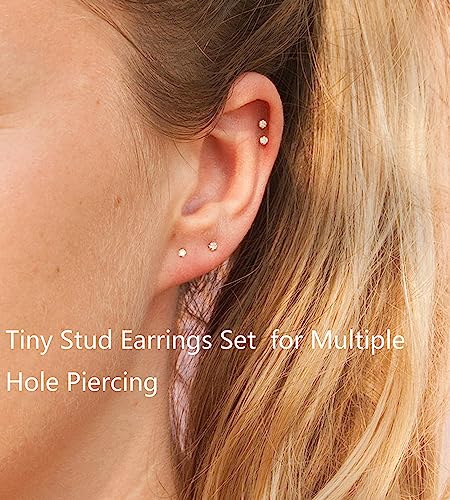 6Pairs 2mm/3mm Surgical Steel Hypoallergenic Piercing Studs, 20G 14K Real Gold Filled Tiny Stud Earrings Set for Multiple Hole Piercing (Cubic Zirconia, Pearl, Ball) - style: K : 2MM, Gold Ball + Cubic Zirconia, 6 Pairs