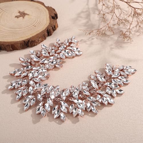 Missgrace Women Silver Green Black Red Blue Handmade Full Crystal Rhinestone Large Headband Hair Vine Shinny Headpiece Bridal Wedding Hair Accessories for Women (Rose gold) - color: Rose gold