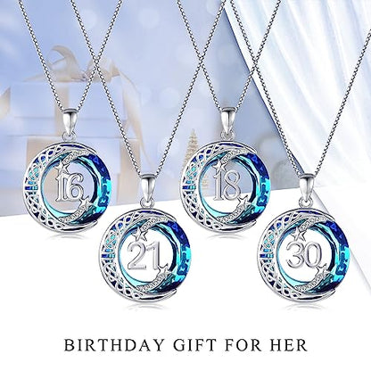 JUSTKIDSTOY Birthday Gifts for Women Girls 925 Sterling Silver Celtic Moon Star Necklace with Blue Crystal Pendant Jewelry for Sister Friends - style: 30th