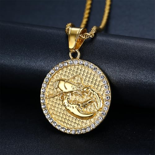 HIJONES Men's Women's Stainless Steel Zodiac Coin Embossed Necklace CZ Astrology Horoscope Pendant Necklace - color: Gold Cancer