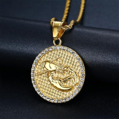 HIJONES Men's Women's Stainless Steel Zodiac Coin Embossed Necklace CZ Astrology Horoscope Pendant Necklace - color: Gold Cancer