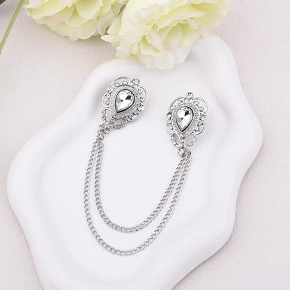 Teardrop Rhinestone Brooch Mens Lapel Pins for Shirt Collar Hanging Chain Brooch Suit Pin Crystal Rhinestone Lapel Pins for Men - color: White-J